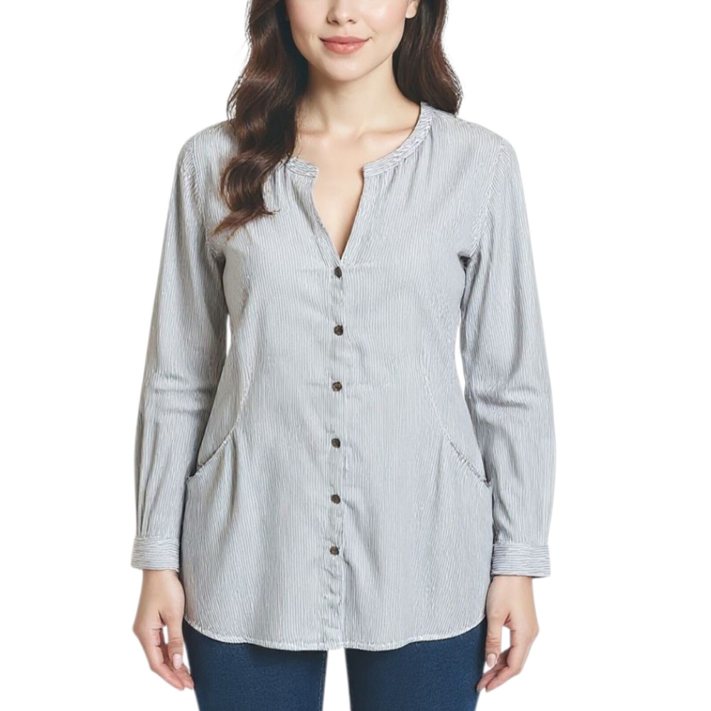 Sigrid Olsen Striped 100% Linen Blouse V-Neck Roll-Tab Sleeves Tunic Top Size XL